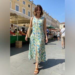 Sara Morgan Vintage Floral Print Maxi Dress – Button Down Front, Slit – Size XL